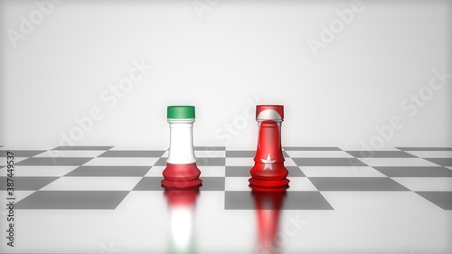 3d illustration chess move, and on the flags of America and Turkey