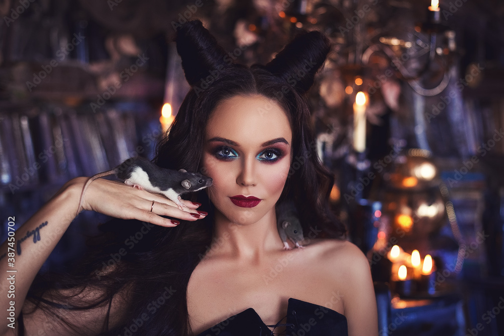 Beautiful brunette girl in black corset dress with horn hairstyle playing with rats. Vintage fairy tale background, Halloween witch cosplay.