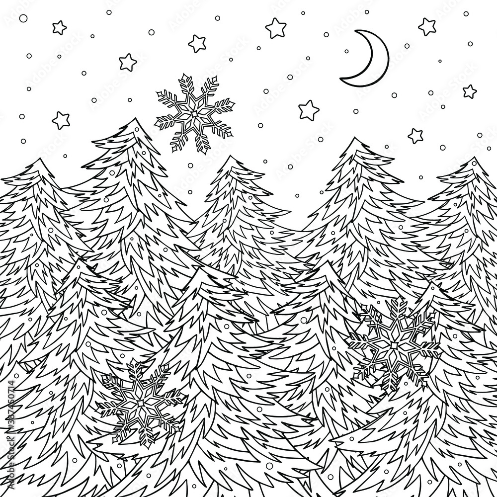 Christmas trees background. Coloring book page of nature. Vector ...