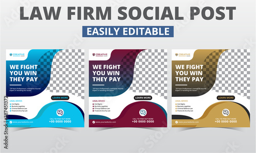 Law Firm Social Media Post layout design for Lawyer Promo Ads. Digital marketing Luxury Geometric Identity Counseling & Prosecution social media templates, web banner & Square Flyer vector sets.