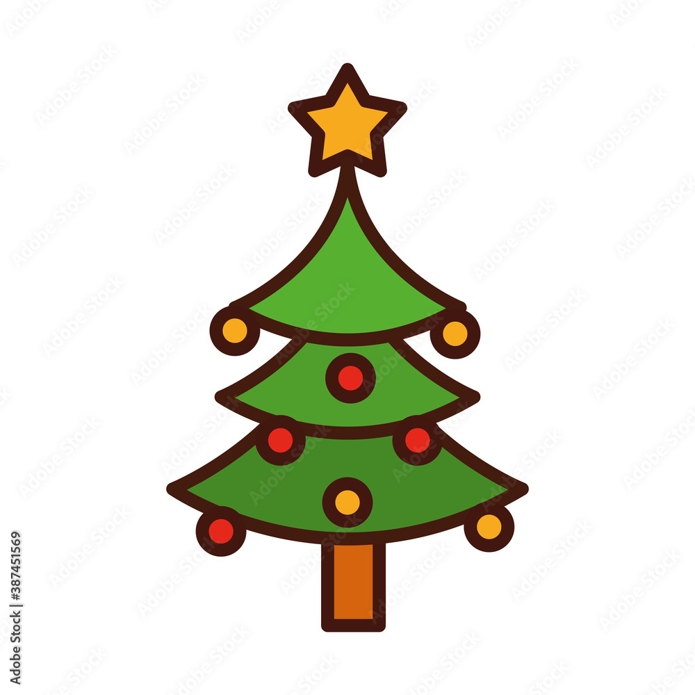happy merry christmas, tree with star and hanging balls decoration line fill icon happy merry christmas, tree with star and hanging balls decoration line fill icon