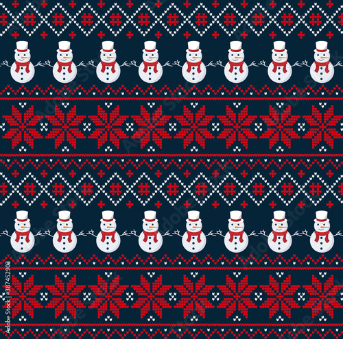 Knitted Christmas and New Year pattern in snowmen. Wool Knitting Sweater Design. Wallpaper wrapping paper textile print. Eps 10