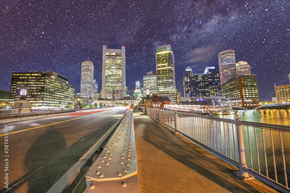 Boston Skyscrapers and River under a starry night, Massachusetts