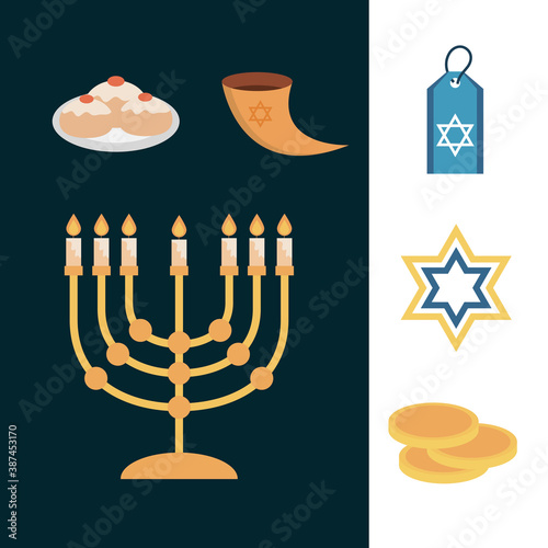 hanukkah, set icons celebration judaism event, flat style