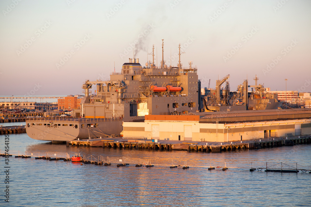 Fototapeta premium Norfolk Military Base Navy Ship At Dusk