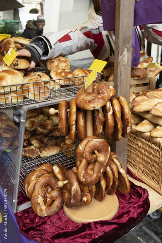 pretzel is baked pastry in a market in Bern, Switzerland
