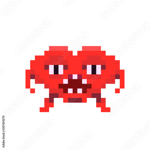 Angry red space invader monster, game enemy in pixel art style on white