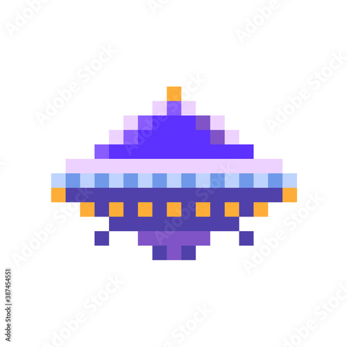 Cute purple space invader UFO, game enemy in pixel art style on white