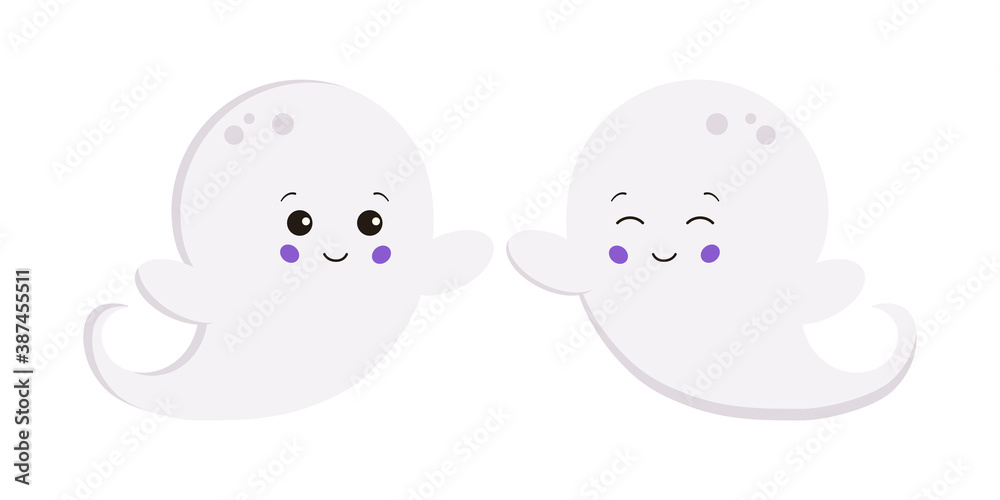 Halloween ghost boy set isolated on white background. Cute smiling flying white ghost creepy funny character. Graphic design element for happy halloween party. Flat cartoon vector illustration.