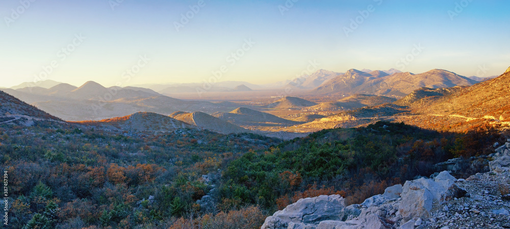 Autumn in mountains, beautiful panoramic landscape. Dinaric Alps, Bosnia and Herzegovina, Republika Srpska