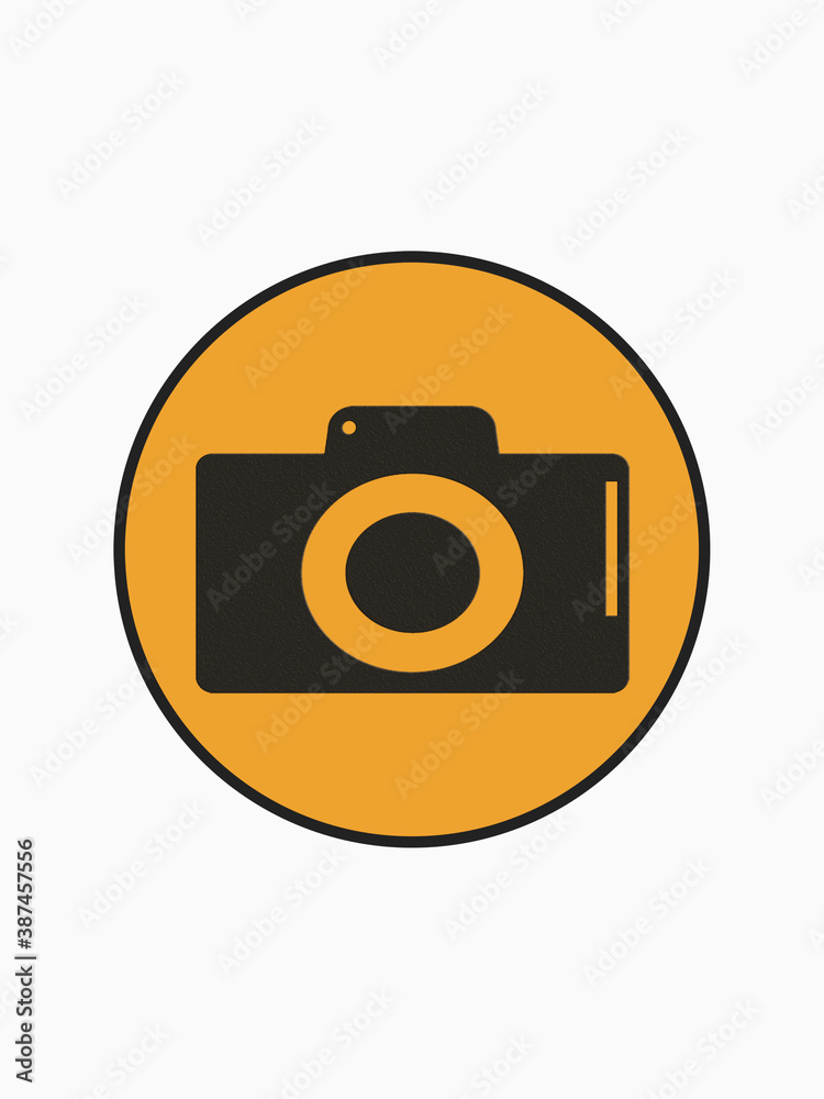 Camera icon in a yellow circle. Isolated object. 3D rendering