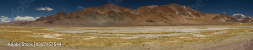 The Andes mountain range. Panorama view of the brown mountains  yellow grass and valley  under a deep blue sky.