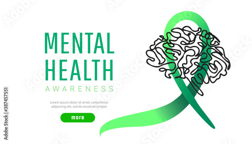 World mental health day concept. Green awareness ribbon with line brain icon or shape on a white background