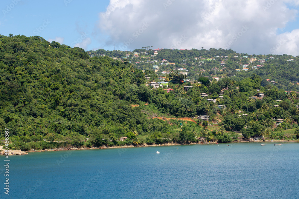Panoramic view of Saint Lucia in the Caribbean, beautiful view of the mountains, blue water and blue sky.