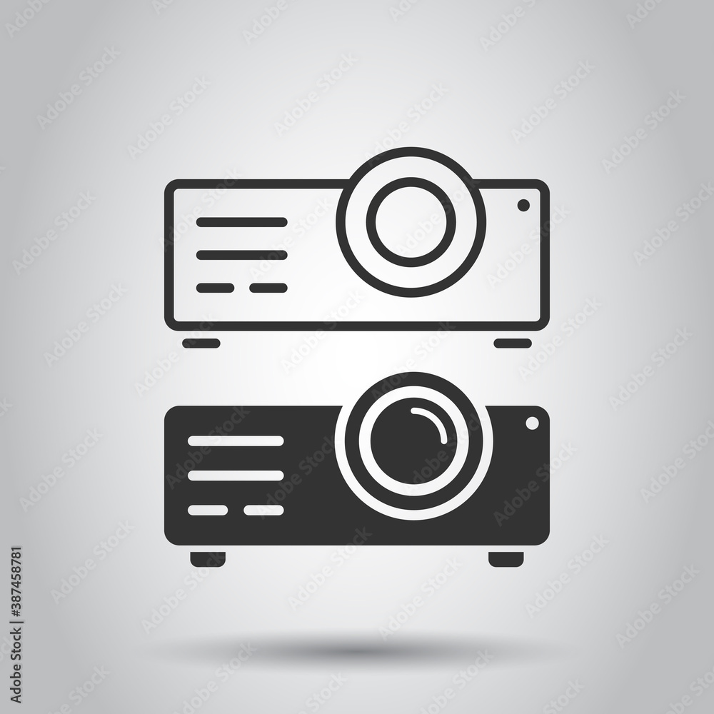 Video projector sign icon in flat style. Cinema presentation device vector illustration on white isolated background. Conference business concept. Video projector sign icon in flat style. Cinema presentation device vector illustration on white isolated background. Conference business concept.