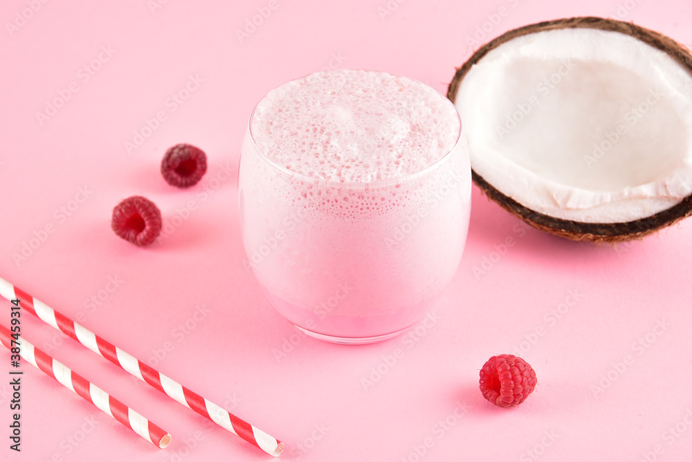 Natural healthy smoothie made from raspberry and coconut milk.
