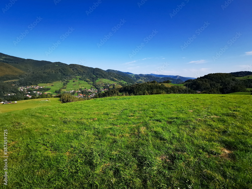 View of the green meadow against the blue sky. Beskidy Mountains Poland.