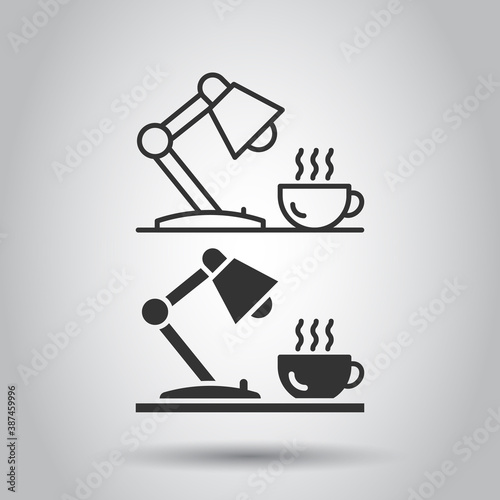 Lamp with coffee cup icon in flat style. Lightbulb vector illustration on white isolated background. Electricity business concept.