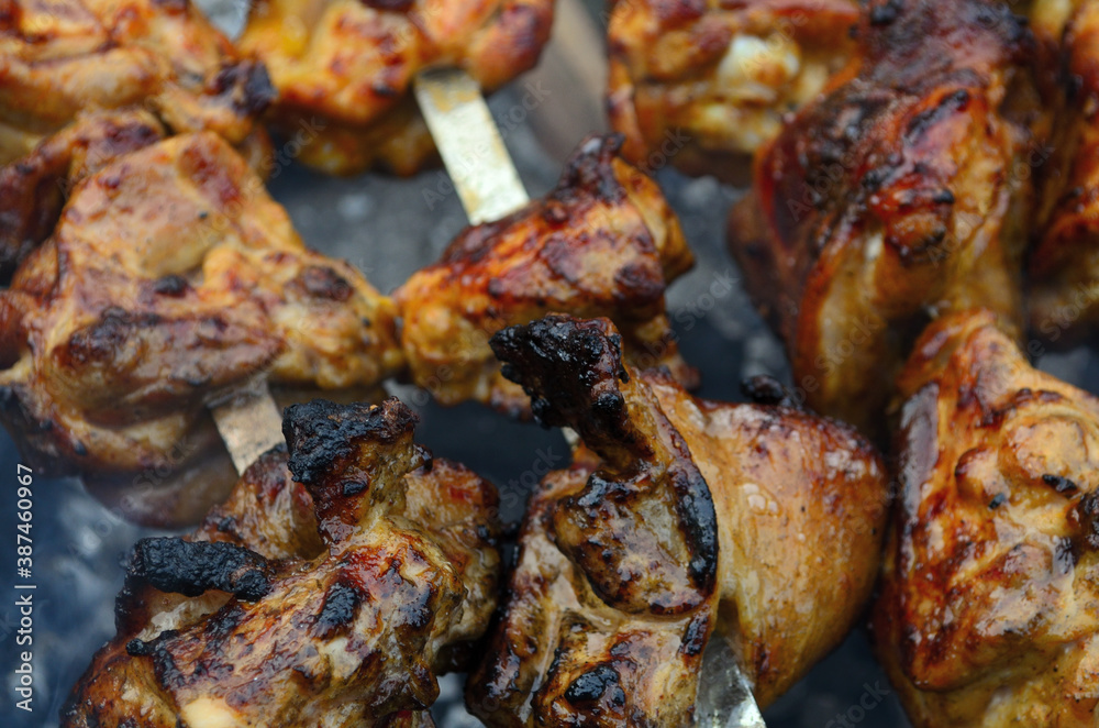 Chicken skewers on coals in the grill .
