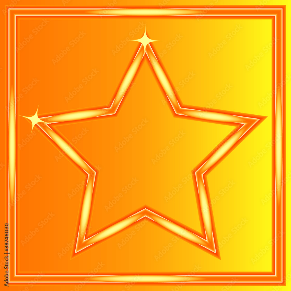 Obraz premium Gold background, sparkling volumetric star, gold volumetric frame, glitter, glare, yellow color, 3d effect. Vector graphics.
