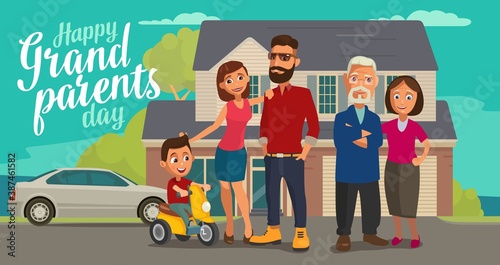 Happy family. Parents, grandparents and child on a tricycle.