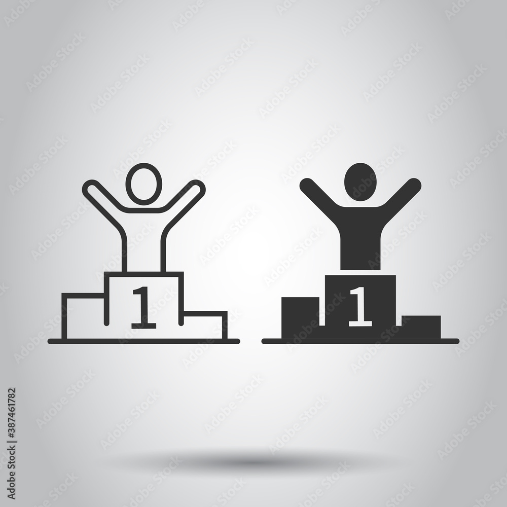 People win icon in flat style. Champion on podium vector illustration on white isolated background. Award ceremony business concept. People win icon in flat style. Champion on podium vector illustration on white isolated background. Award ceremony business concept.