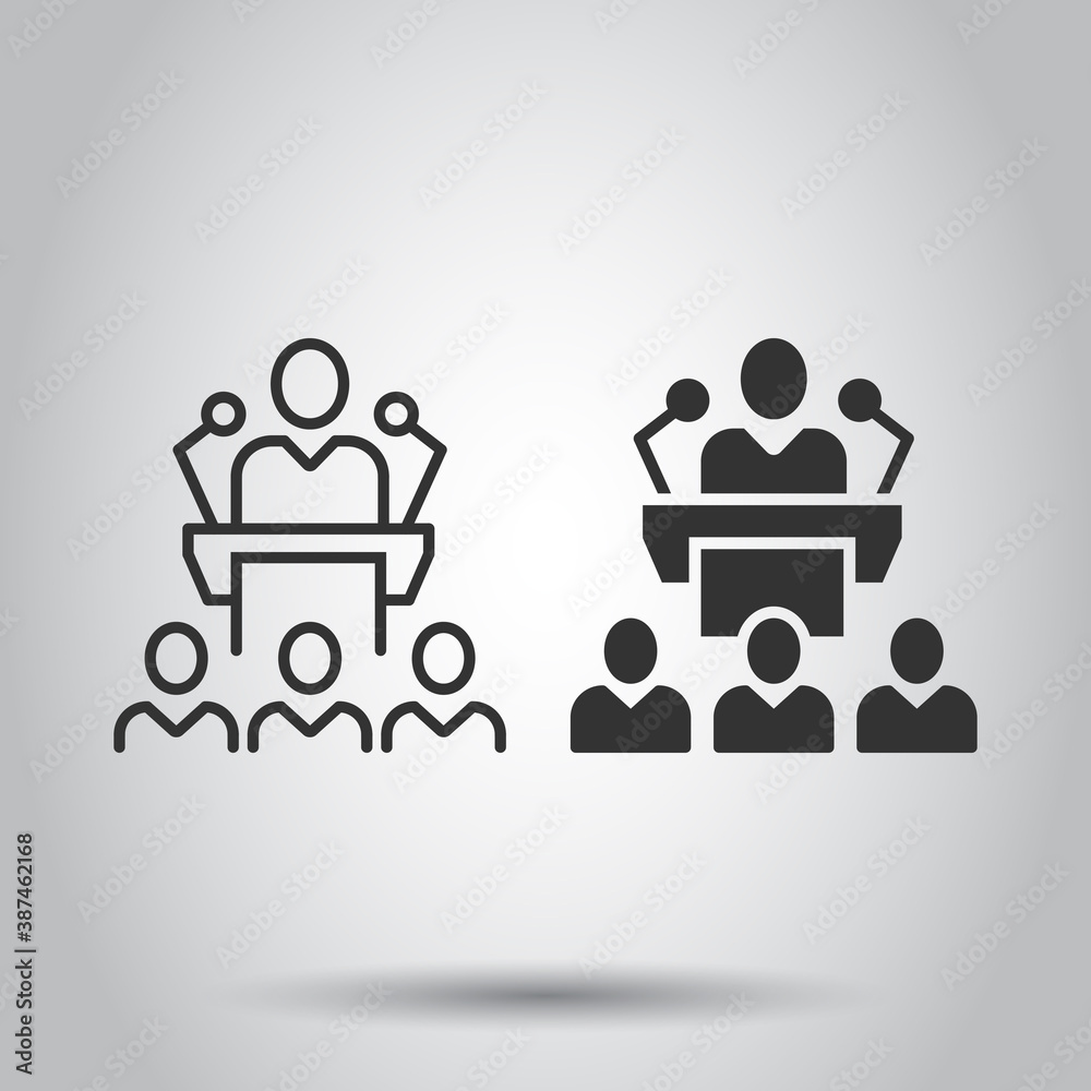 People on podium icon in flat style. Speaker vector illustration on white isolated background. Audience orator business concept. People on podium icon in flat style. Speaker vector illustration on white isolated background. Audience orator business concept.