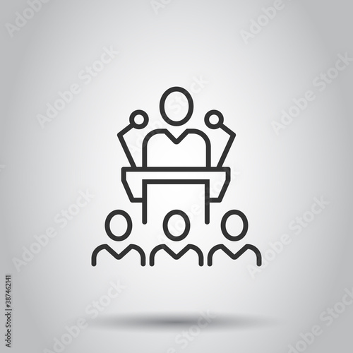 People on podium icon in flat style. Speaker vector illustration on white isolated background. Audience orator business concept.