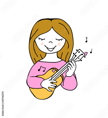 Girl with ukulele. Vector doodle illustration