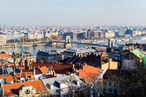 Landscape with the Danube river  the bridges and the buildings of Budapest. Hungary.