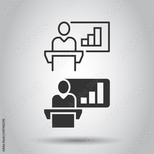 People on podium icon in flat style. Speaker vector illustration on white isolated background. Audience orator business concept.