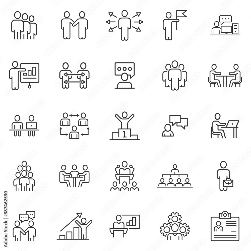 Business communication contour icon set in flat style. Team structure line vector illustration on white isolated background. Office teamwork linear stroke business concept.