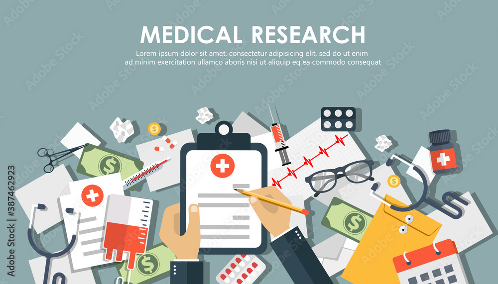 Medical research banner. Medical workplace. Flat vector illustration
