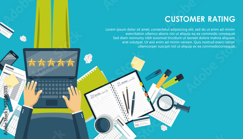 Concept of feedback, testimonials messages and notifications. Rating on customer service illustration. Man sitting on the floor and holding lap top in his lap while giving his five star rating. Vector