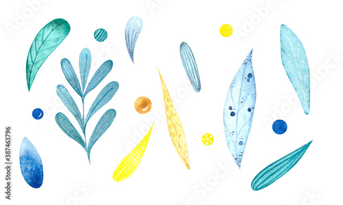 Set of watercolor illustrations, abstract leaves of different colors. Blue, yellow and turquoise leaves for decorating postcards, scrapbooking, fabrics, banners.