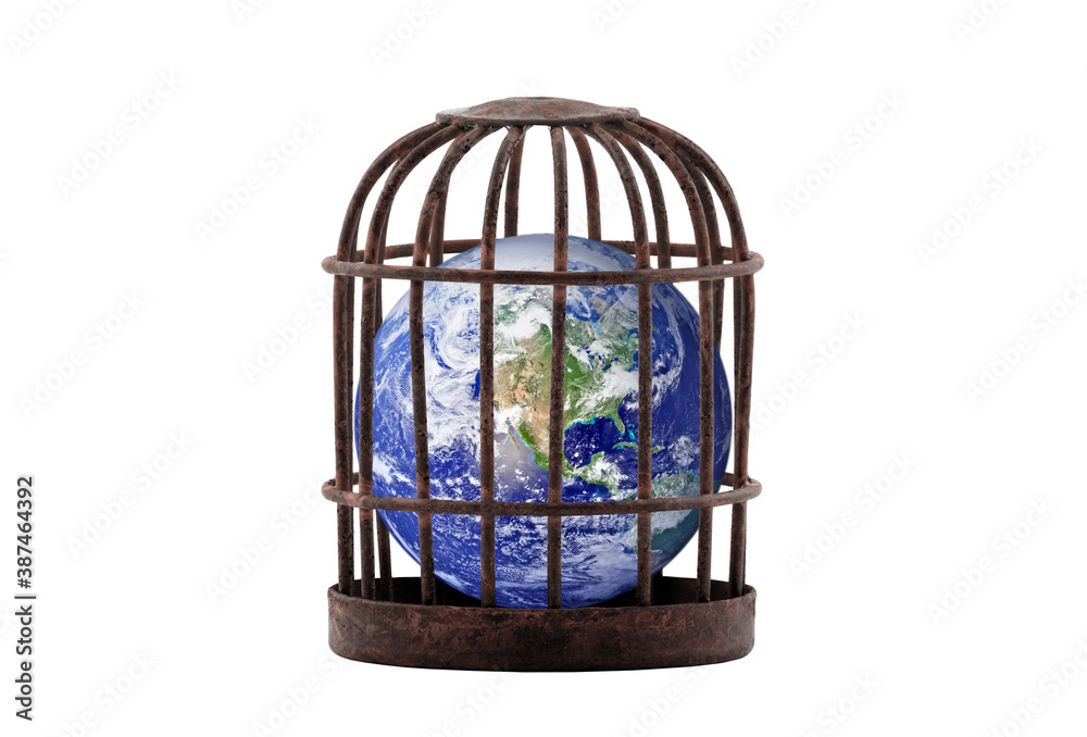 Planet Earth trapped in old rusty cage isolated on white. Lockdown concept. Earth photo provided by Nasa.