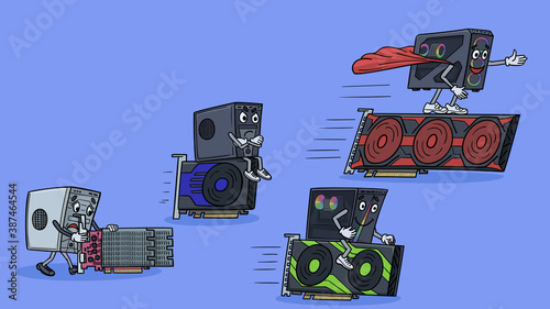 Cartoon computers measure the power of their video cards.