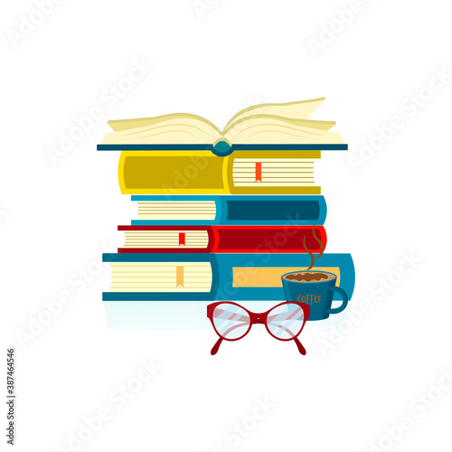 Open book on stack of books, near glasses and cup with coffee, isolated on white background. Knowledge, education, studying concept. Vector flat illustration.