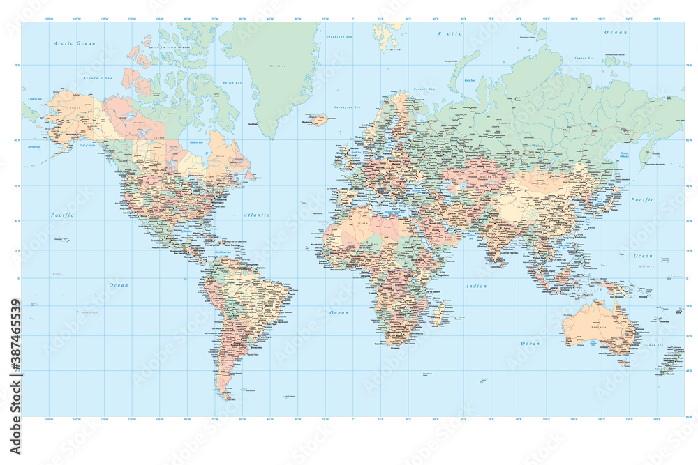 Colored World Map - borders, countries and cities - illustration Image contains next layers land contours - country and land names - city names -water object names