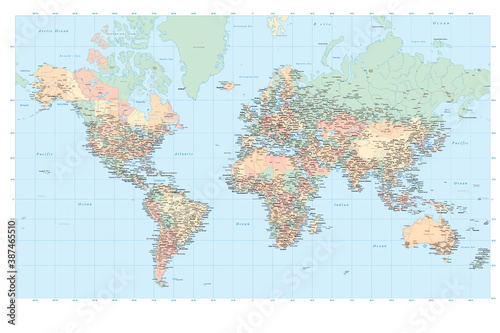 Colored World Map - borders  countries and cities - illustration Image contains next layers land contours - country and land names - city names -water object names