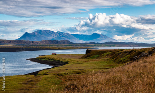 the black beach in Iceland by the basalt rock "Hvitserkur"