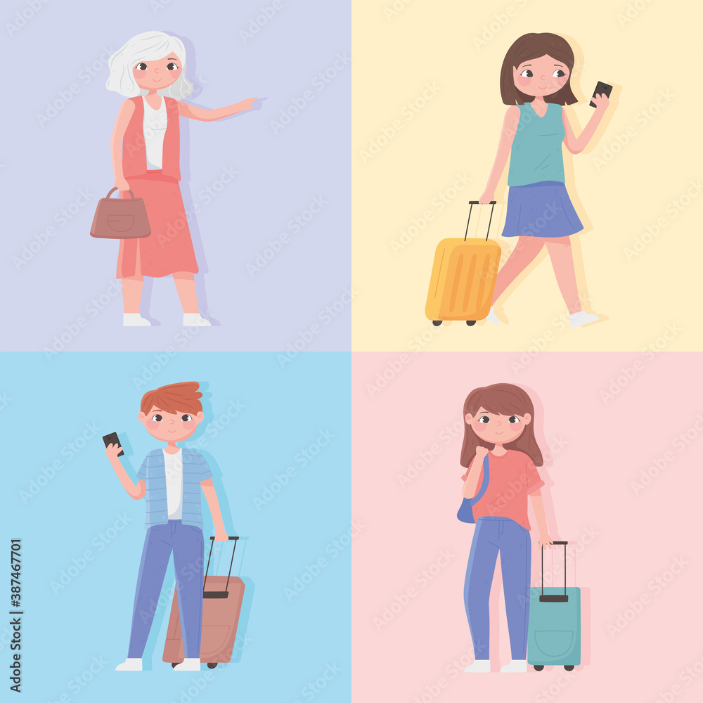 people traveling, set people with luggage smartphone tourist cartoon characters people traveling, set people with luggage smartphone tourist cartoon characters