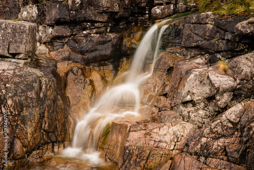 long exposure shot of the waterfalls in glen etive near loch etive and the entrance to glencoe and rannoch moor in the argyll region of the highlands of scotland during autumn