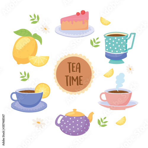 tea time teacups teapot cake lemon beverage leaf background