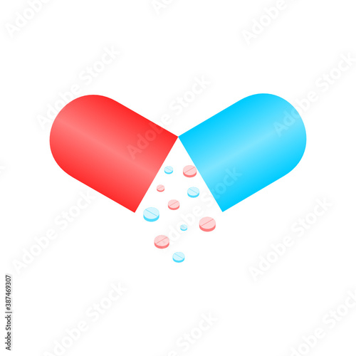 Medical pill icon on the white background. Medicine, pharmacy, hospital of drugs. Medication, pharmaceutics concept. Vector illustration. Drugs flat icon: pill, capsule, bottle.