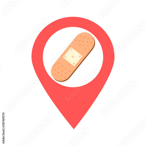 Bandage plaster location map pin pointer icon. Element of map point for mobile concept and web apps. Icon for website design and app development. Premium first aid kit, pharmacy, drugstore location.