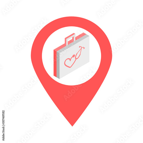 Medical bag location map pin pointer icon. Element of map point for mobile concept and web apps. Icon for website design and app development. Premium first aid kit, pharmacy, drugstore location.