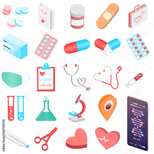 Set of isolated medical healthcare. Isometric icon for first aid kid tools, items of medical emergency box, thermometer, drug, pills, plaster, bandage, medicine, syringe, pills, face mask, lab, heart.