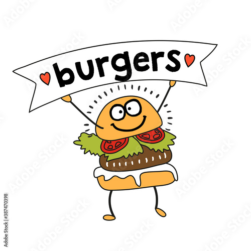 Hand drawn doodle style burger with smile and eyes.