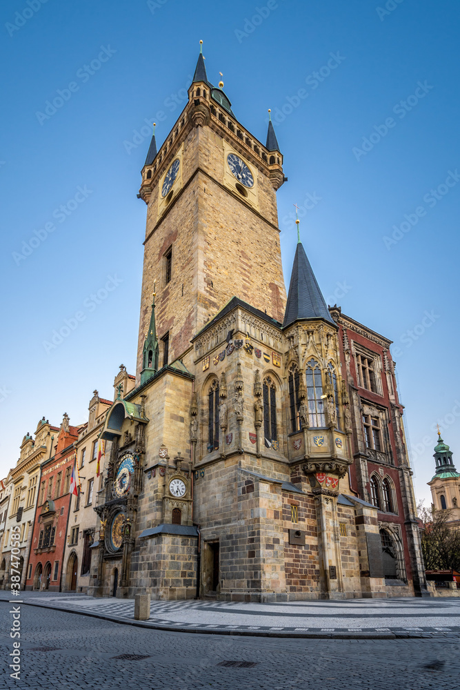 Prague Old Town Square Czech Republic, sunrise city skyline at Astronomical Clock Tower empty nobody due to covid lockdown